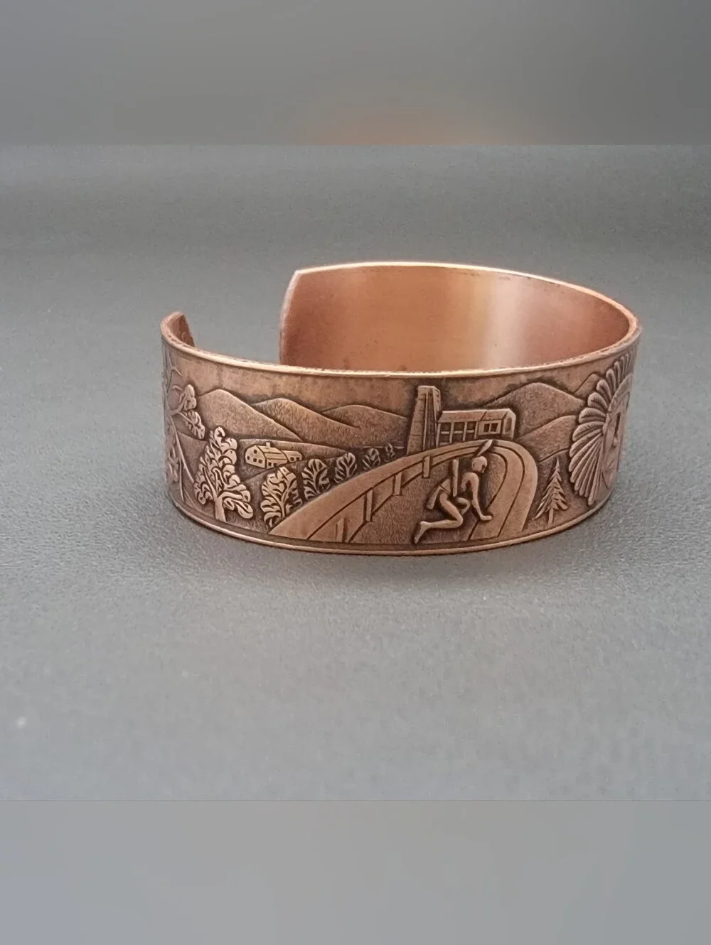 Vintage Solid Copper Mohawk Trail Scenic Cuff Bracelet Native American Mountain